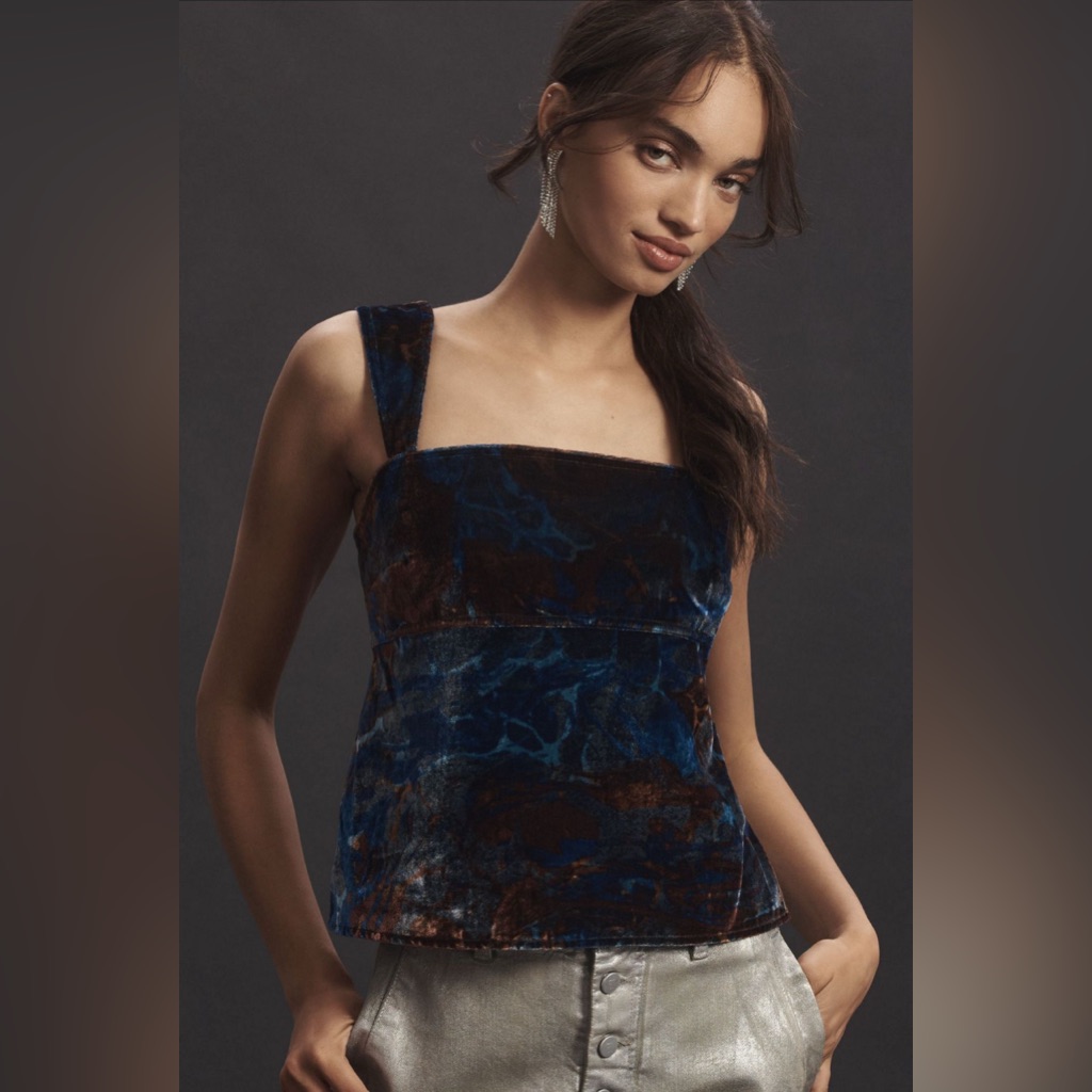 Pilcro Anthropologie Velvet Flyaway Tank Top Blue And Brown Textured Blouse